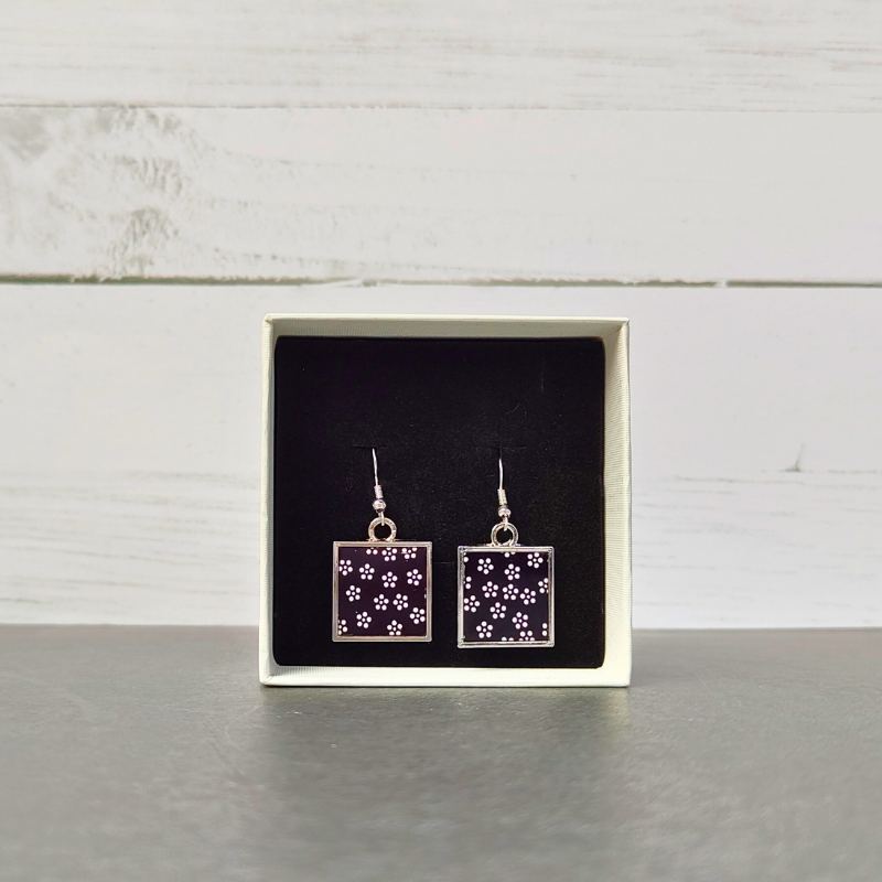Square Earrings - Black Floral