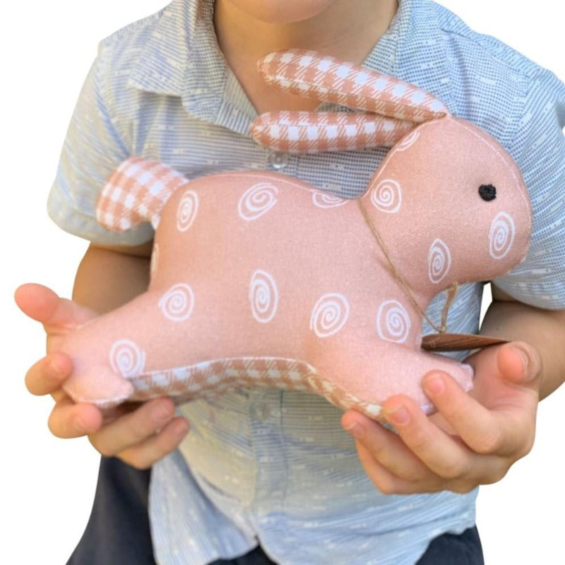 Discover our collection of handmade Organic and Eco-Friendly Stuffed Bunny Toys, rabbit being held by boy.
