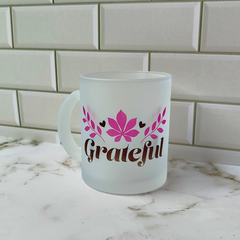 Frosted glass cup with Grateful print. Affirmation drinking glass.