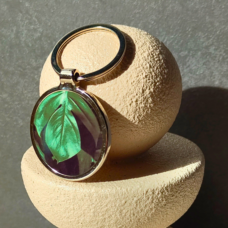 Green leaf printed simple metal keyring. Gift idea for under $10.