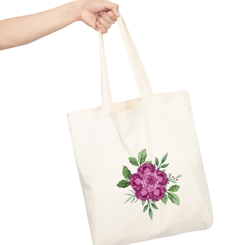 Reusable shopping tote bag with purple flower design. Washable and eco-friendly, perfect for a farmers market bag!