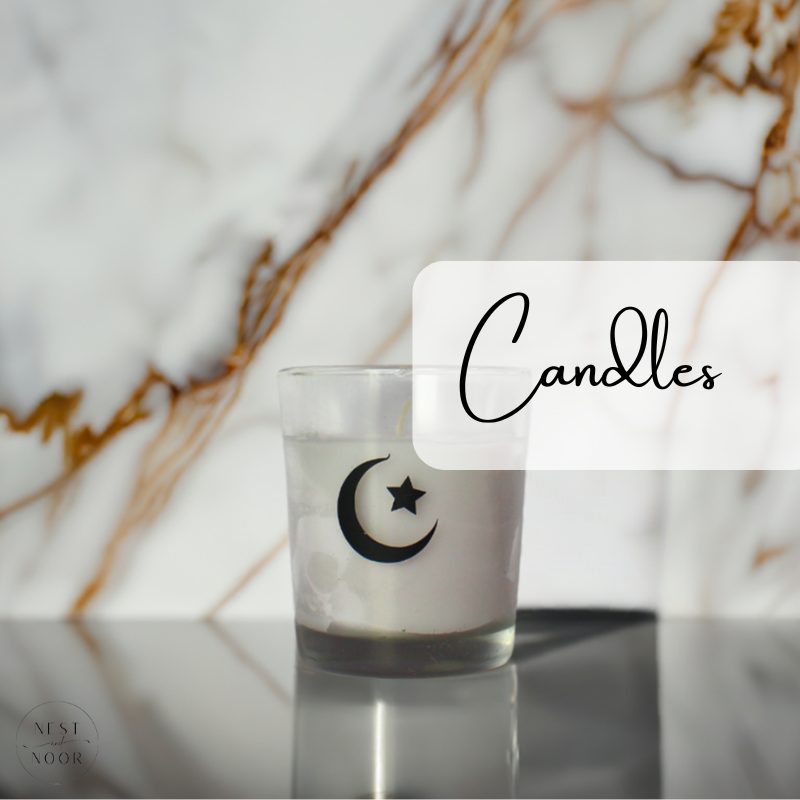 Scented candle with modern Islamic-inspired printed label