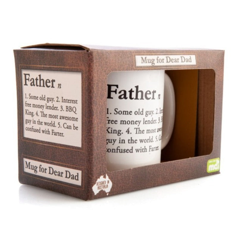 Celebrate Dad's uniqueness with our "Father Definition" Coffee Mug. Side view of mug in box on plain white background.