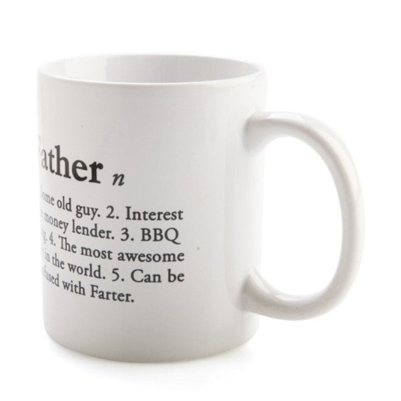 Celebrate Dad's uniqueness with our "Father Definition" Coffee Mug. Side view of mug on plain white background.