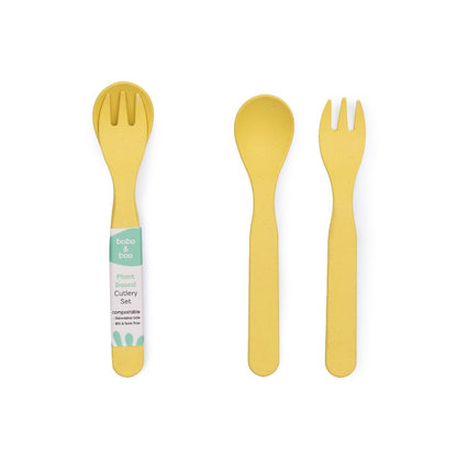 Free from melamine, and biodegradable and compostable, our plant-based spoon and fork cutlery set makes mealtimes (and sneaky snacks) way more fun! Yellow cutlery set on white background.