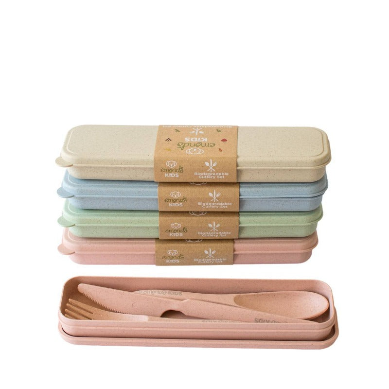 Eco-Friendly Cutlery Set for Babies & Toddlers. All colours stacked together, with one box open at the front on a plain white background.