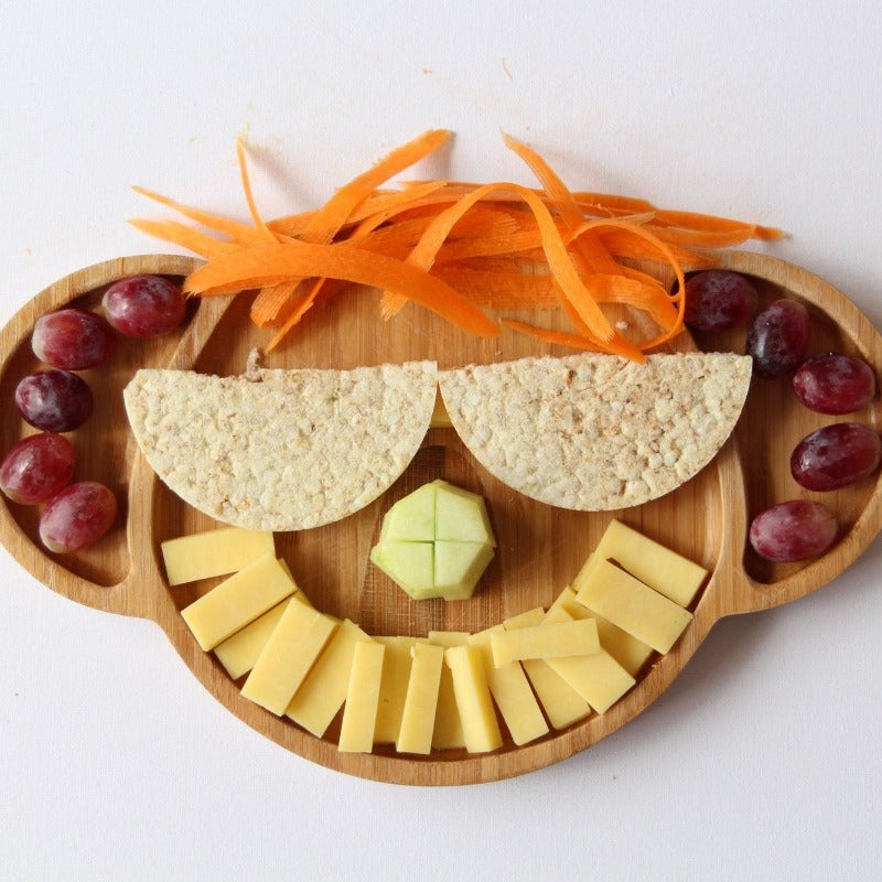 Karri Koala Toddler Feeding Plate: where sustainability meets creativity.  Lifestyle image with cheese, carrot and grapes