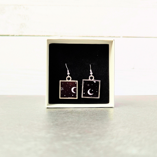 Square Earrings - Moon & Stars Black