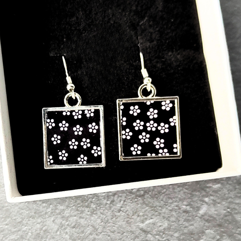 Square Earrings - Black Floral