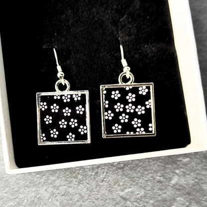 Square Earrings - Black Floral