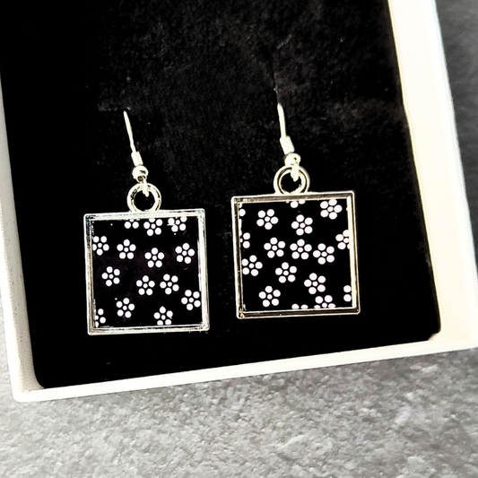 Square Earrings - Black Floral
