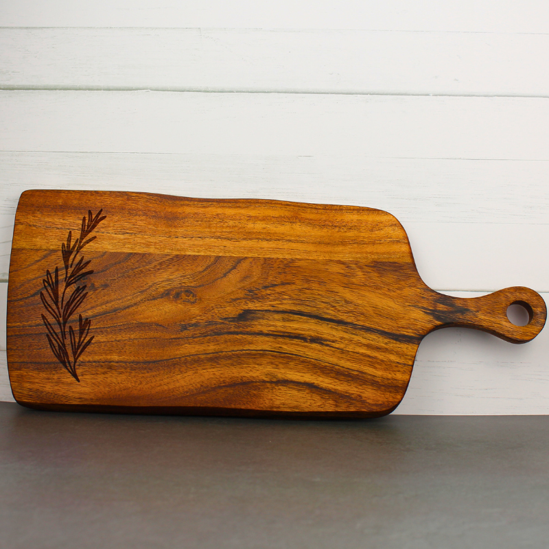 Wooden food platter | Acacia Serving Board with Engraved Thyme Design.