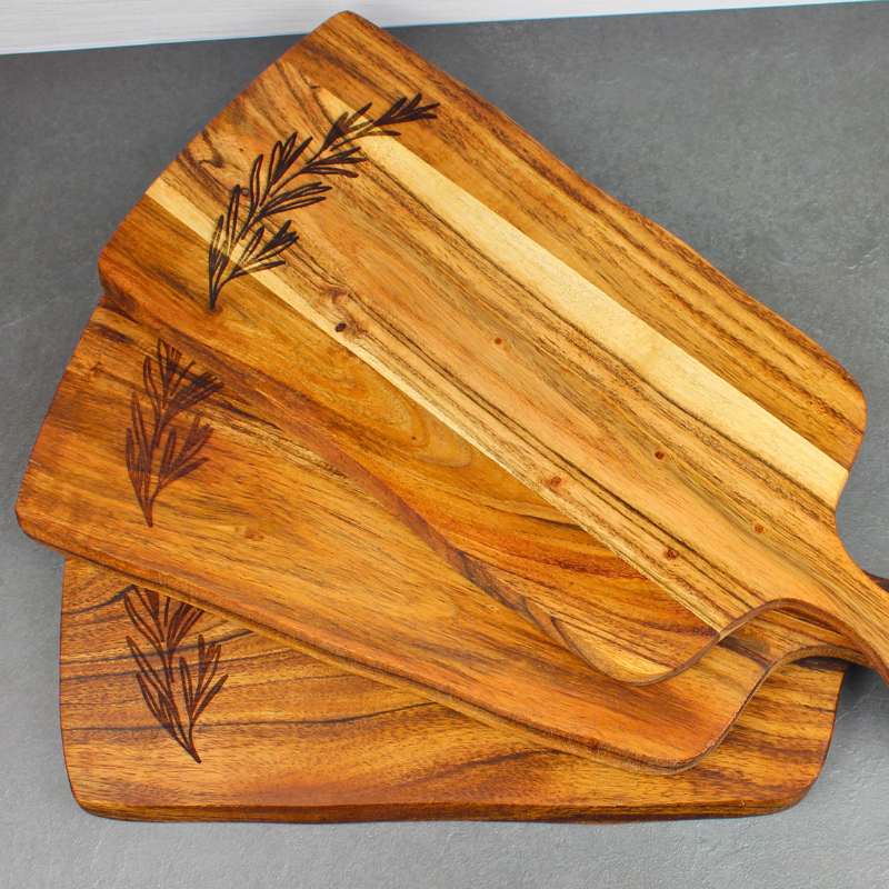 Acacia Wooden Serving Board with Engraved Thyme Design for food platters, charcuterie board or dessert platter.