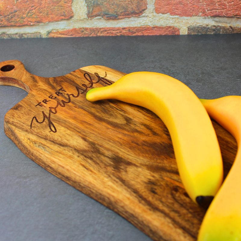 Dessert platter wooden engraved food board with Treat Yourself design.