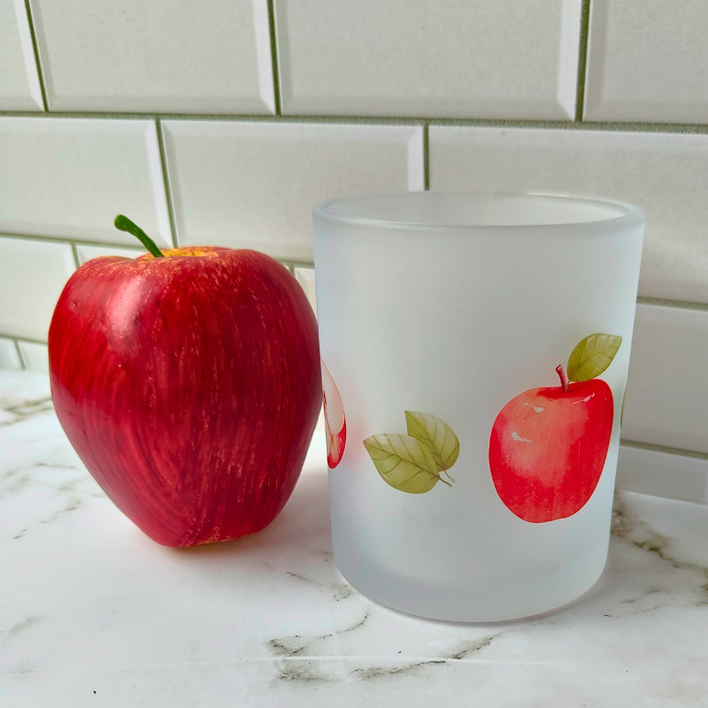 Frosted glass cups with cute apples print - perfect gift for teachers.