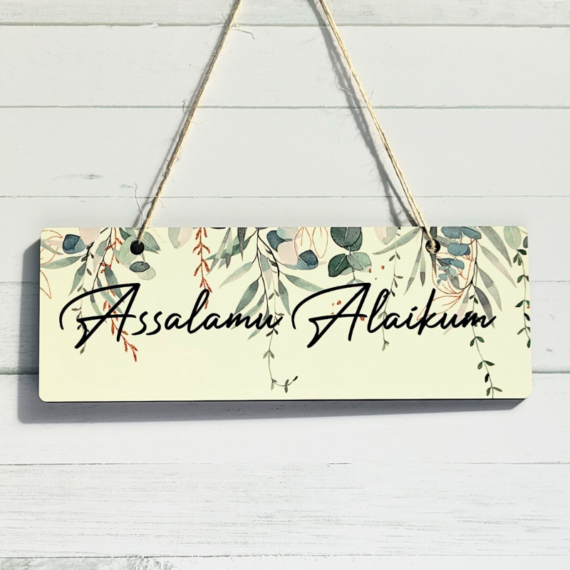 Islamic hanging welcome sign with cute Assalamu Alaikum print.