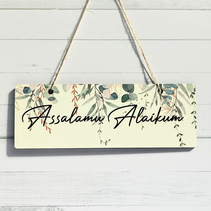 Islamic hanging welcome sign with cute Assalamu Alaikum print.