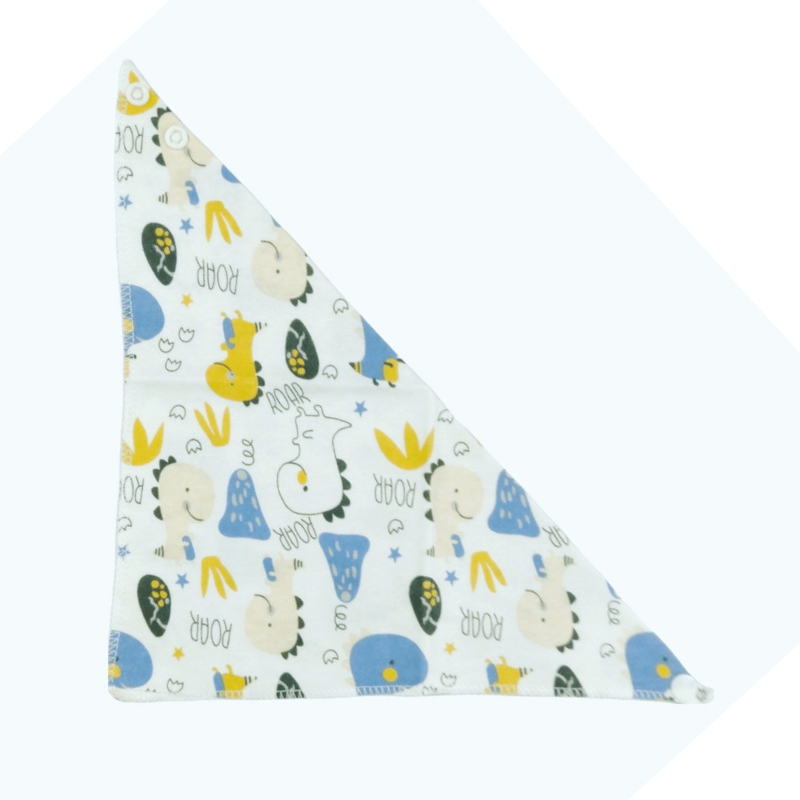 100% organic cotton triangle dribble bibs. Dino roar design displayed flat on a plain white background.