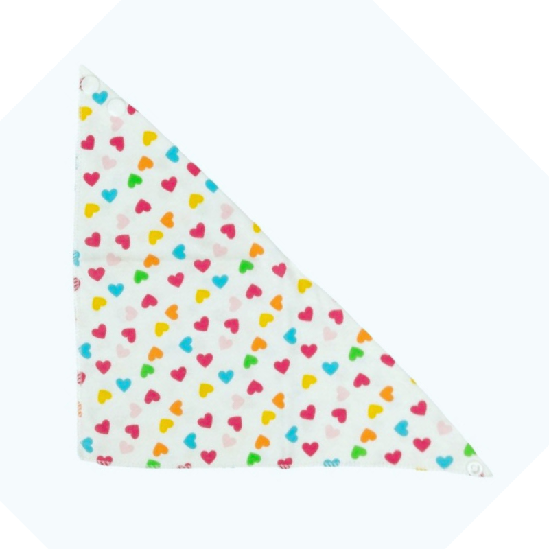 100% organic cotton triangle dribble bibs. Mixed hearts design displayed flat on a plain white background.