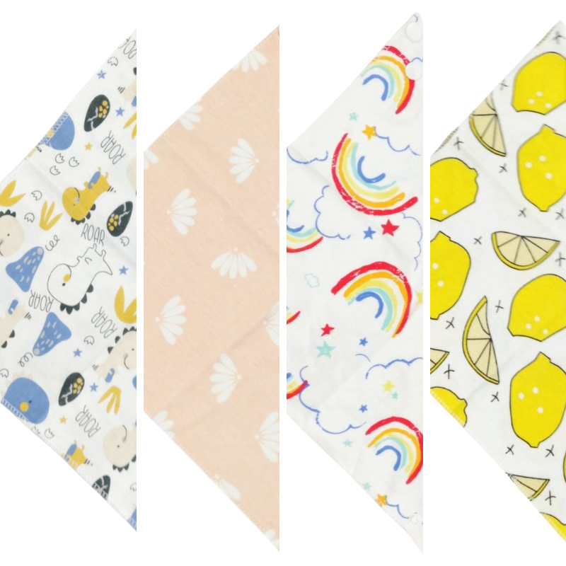 100% organic cotton triangle dribble bibs. 4 designs displayed next to eachother on a plain white background.