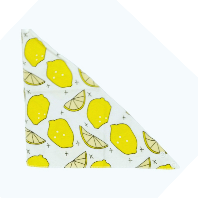 100% organic cotton triangle dribble bibs. Lemon design displayed flat on a plain white background.