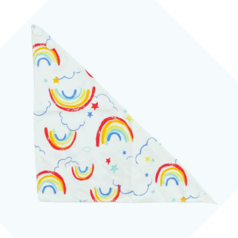 100% organic cotton triangle dribble bibs. Rainbow design displayed flat on a plain white background.