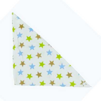 100% organic cotton triangle dribble bibs. Stars design displayed flat on a plain white background.