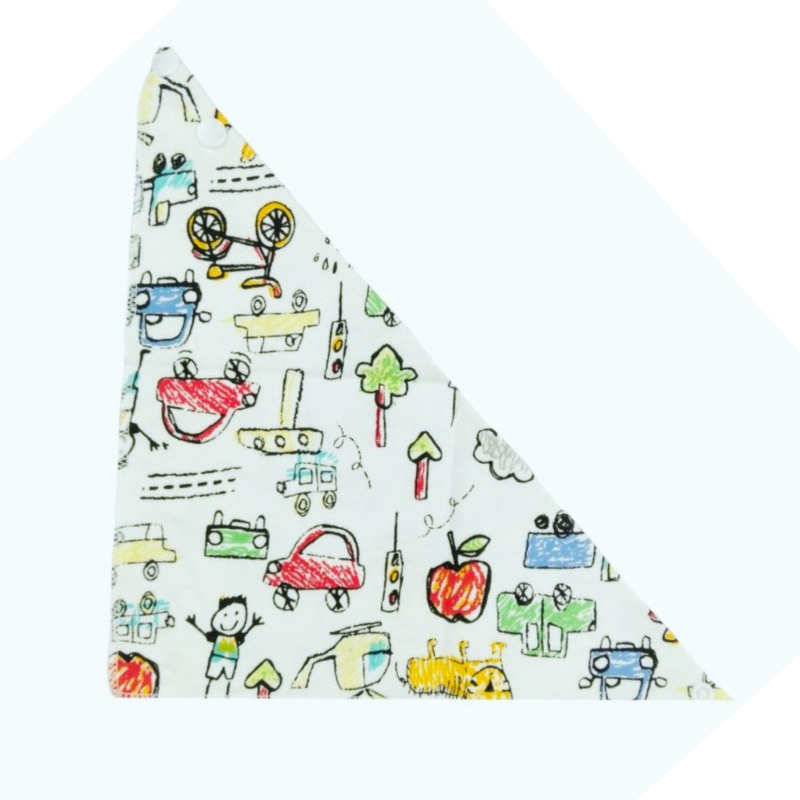 100% organic cotton triangle dribble bibs. Traffic design displayed flat on a plain white background.