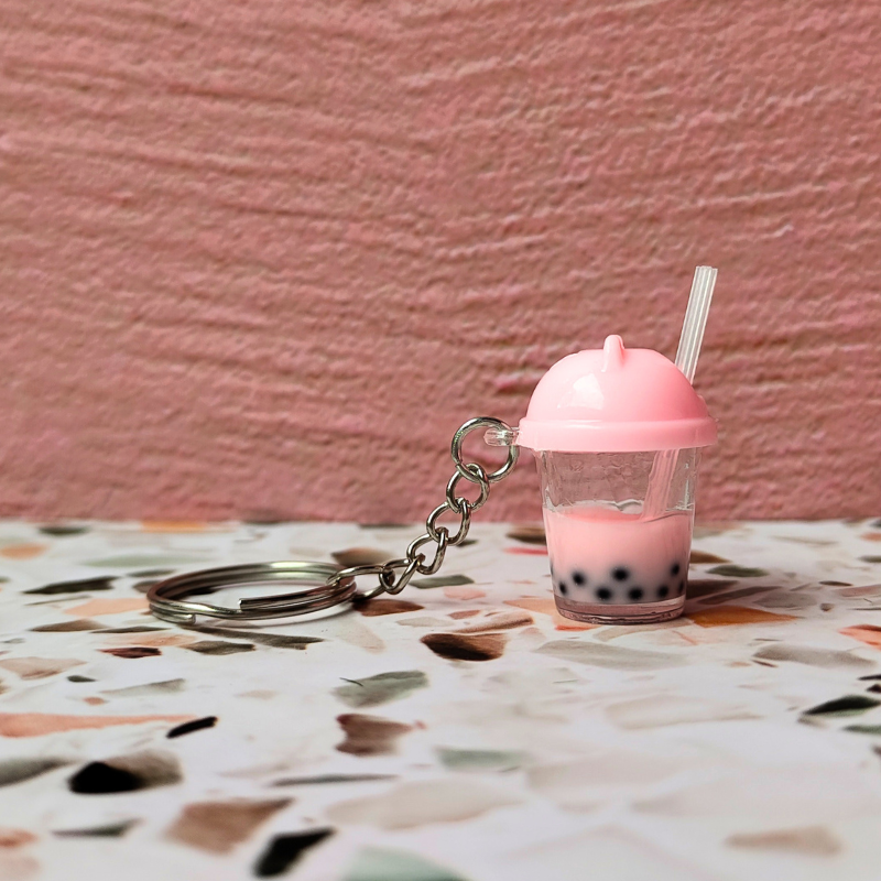 Adorable bubble tea keyring - pink.