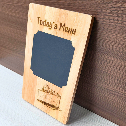 Cute kitchen sign with Today's Menu blackboard and cute cake engraved design and kitchen cooking conversions on the back.