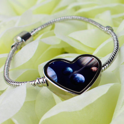 Universe printed heart-shaped charm silver charm bracelet.