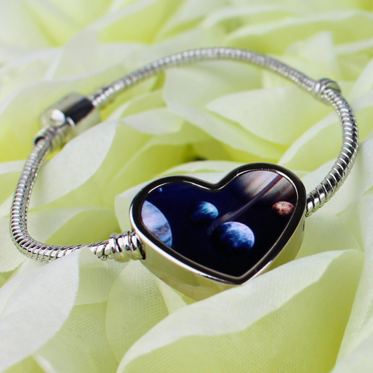 Universe printed heart-shaped charm silver charm bracelet.