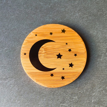 Islamic crescent moon and star naturally antibacterial bamboo coaster.