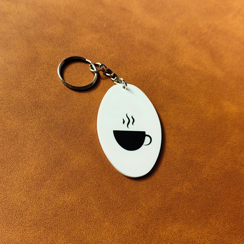 Mama Needs Coffee Keyring Reverse Side - Hot Cup of Coffee.