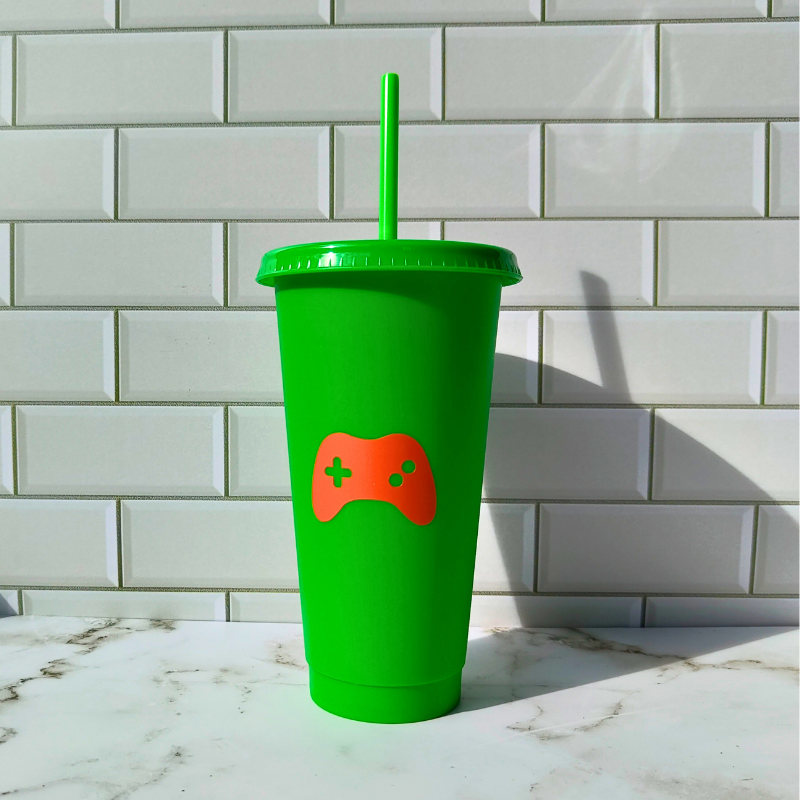 Green and orange gaming kids cold cup.