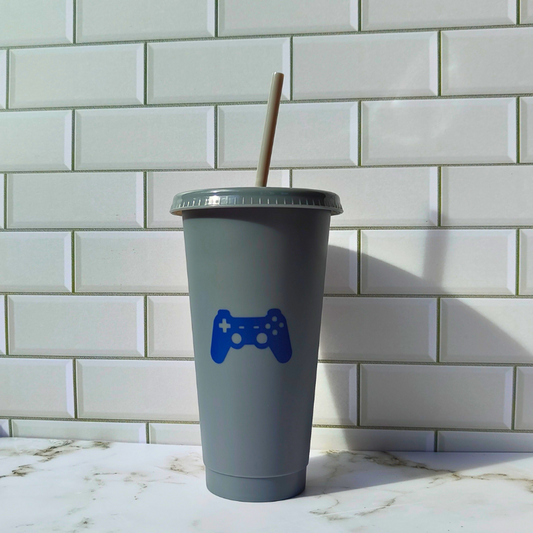 Grey and blue kids reusable gaming cup with playstation controller design.