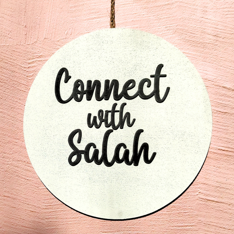 Hanging Islamic wooden sign with stone finish and Connect with Salah design. Made in Australia.