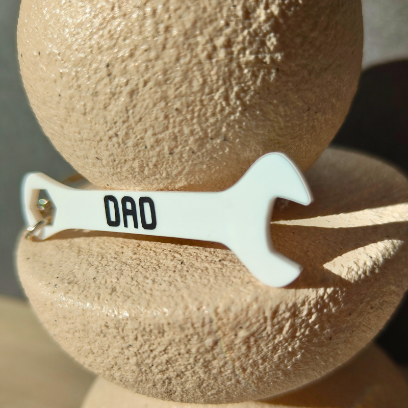 White Acrylic Spanner Keyring for Dad.