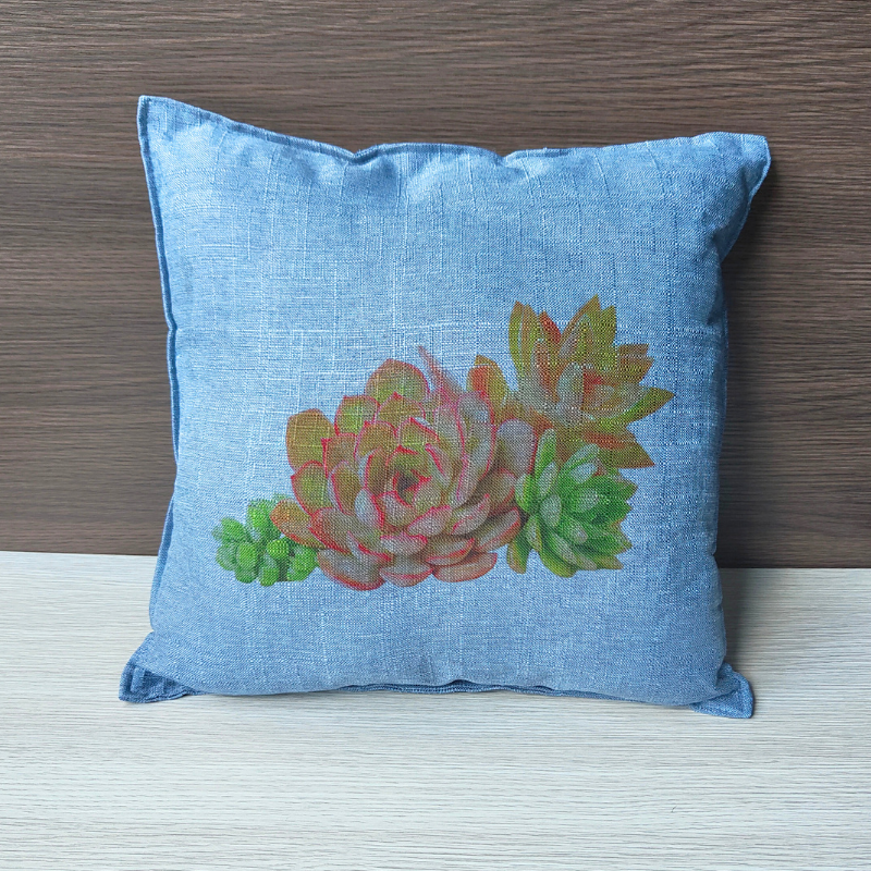 Succulents printed blue decorative cushion.
