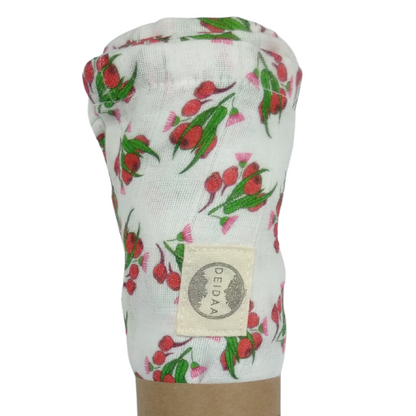 Wrap your baby in pure comfort with our GOTS certified organic cotton muslin swaddle. Ethically made and toxin-free, our breathable swaddle is perfect for newborns. Wattle design on white background.