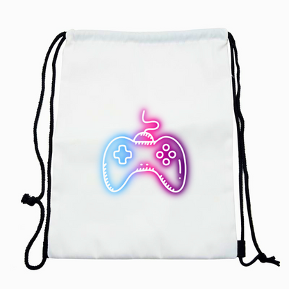 Game controller printed lightweight drawstring bag.