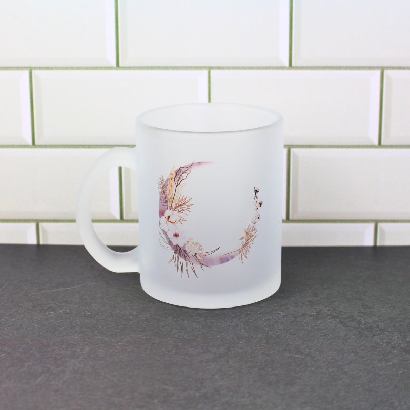 Crescent moon with flower print frosted glass cup.