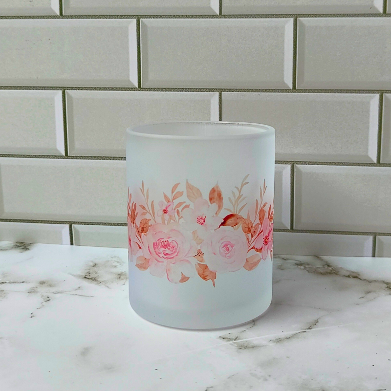 Pink flowers frosted glass cup