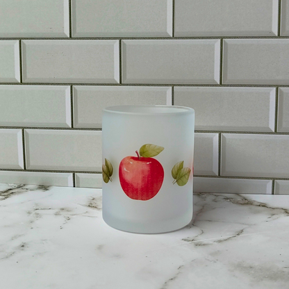 Glass frosted cup with cute apple print. Teacher gift idea.