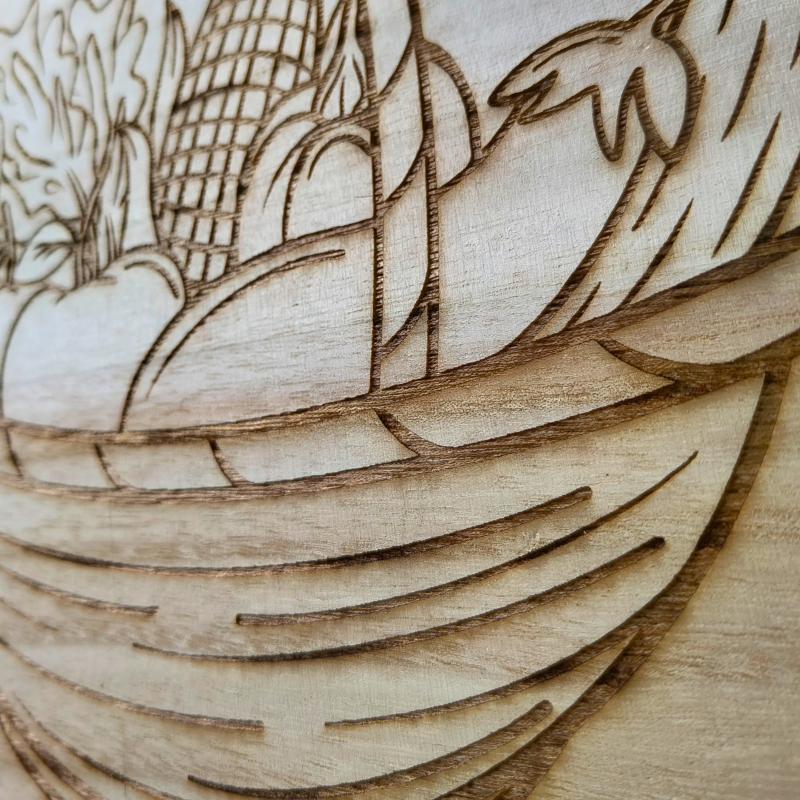 Round wooden decor with laser engraved fruit and vegetable designed home decor. Made in Australia.