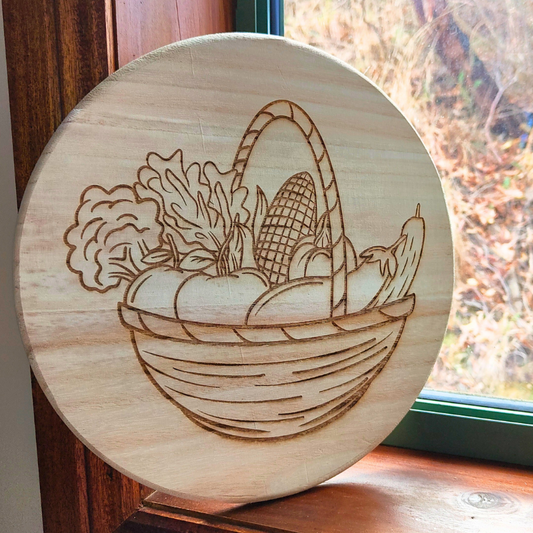 Round wood fruit and vegetable basket laser engraved round wooden decor board.