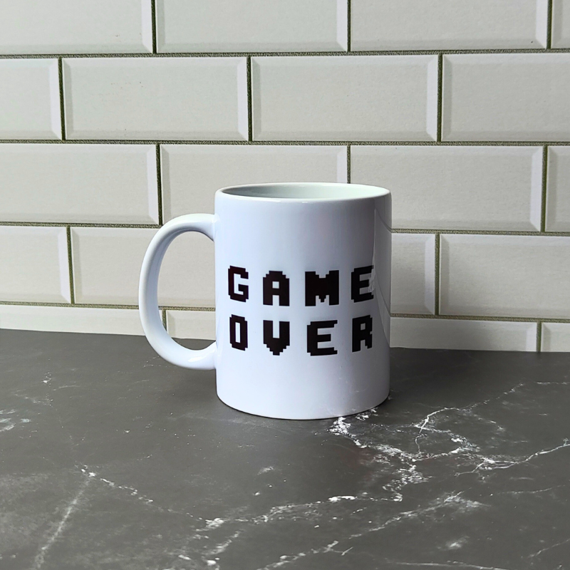 Game Over Ceramic Coffee Mug, perfect gift for gamers.