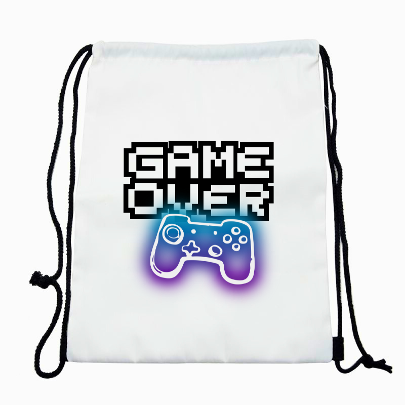 Game over gaming string backpack with game controller and game over print.