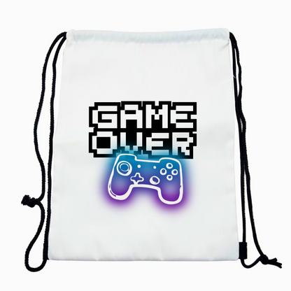 Game over gaming string backpack with game controller and game over print.