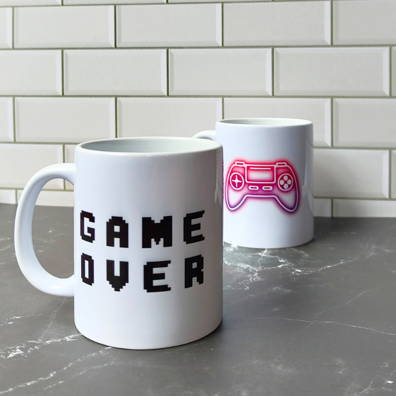 Game Over and Gaming Controller Coffee Mug gift for gamers.